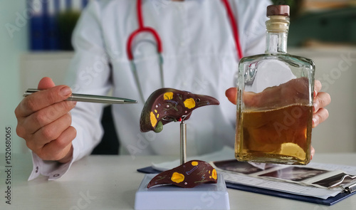 Canvas-taulu Doctor examines liver model while holding a bottle of alcohol in medical