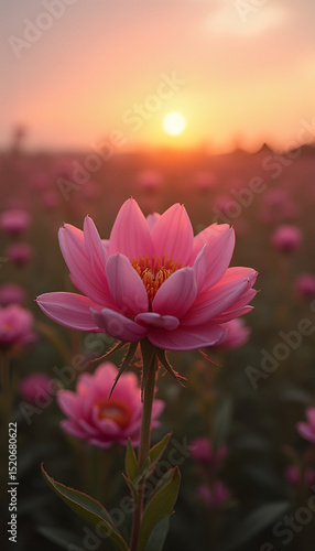 Pink flower in a field of flowers at sunset.