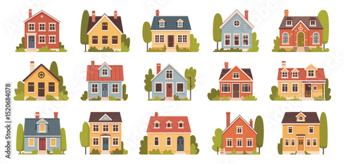 Twelve Charming Suburban Houses Illustration Set