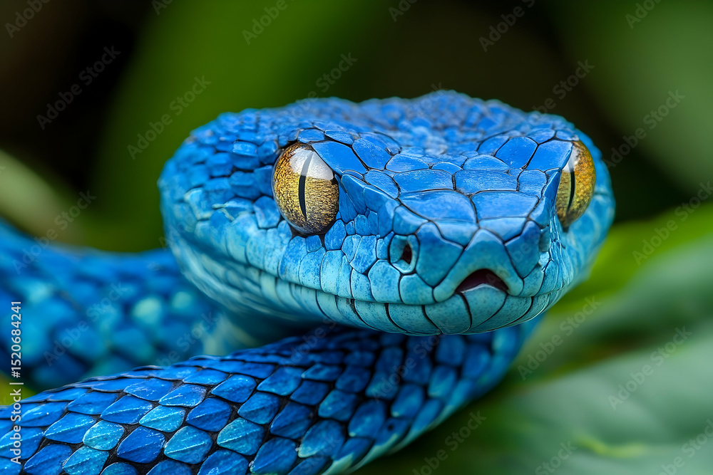Detailed close-up of a vibrant blue venomous snake. Detailed close-up of a vibrant blue venomous snake.