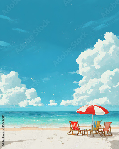 海辺のパラソルとカラフルなチェアのある夏のビーチ風景