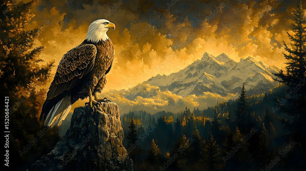 Fototapeta premium Majestic bald eagle perched atop a rocky summit overlooking a mountain range at sunrise.