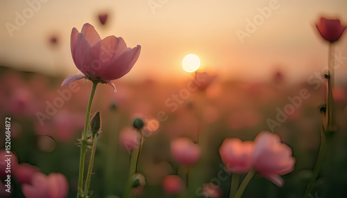 Pink flower in a field of flowers at sunset.
