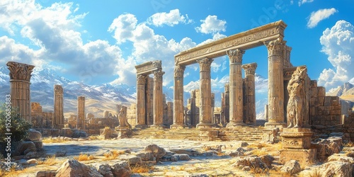 Ruined temple with towering carved columns and scattered statues in dry mountain valley under blue sky. Generative by AI.