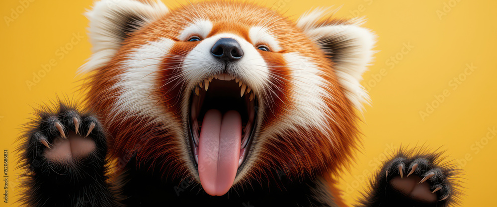Red panda roaring with open mouth, sharp teeth, and raised paws in dramatic cartoon pose on yellow background, stylized closeup animal character with expressive emotion and fluffy fur Red panda roaring with open mouth, sharp teeth, and raised paws in dramatic cartoon pose on yellow background, stylized closeup animal character with expressive emotion and fluffy fur