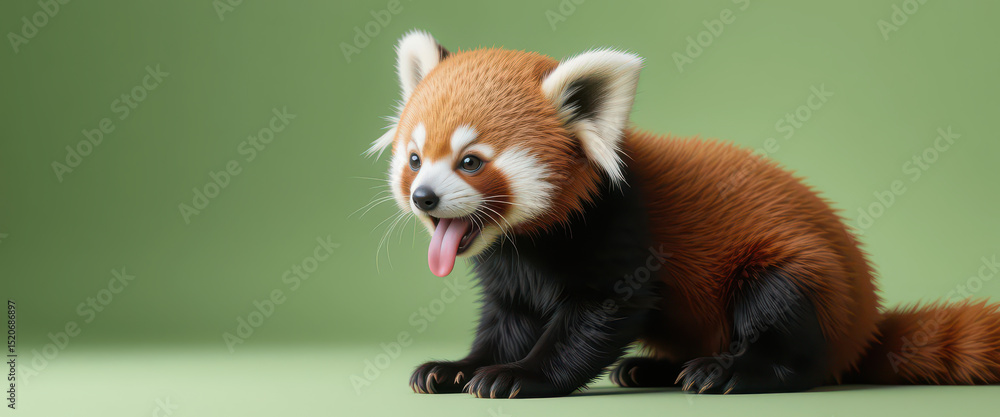 Obraz premium Red panda sitting with tongue out and realistic fur on green background, photorealistic animal portrait with calm posture, soft lighting and natural texture in studio view