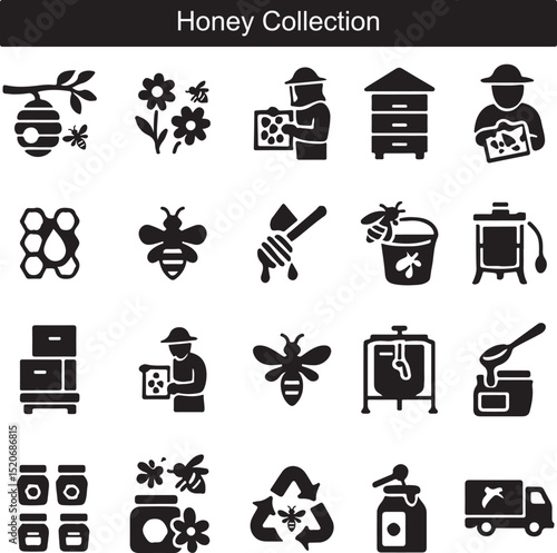 Collection of Icons Illustrating Honey Production and Beekeeping