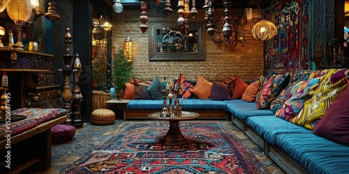 Luxurious lounge decorated with colorful cushions, patterned rugs, hanging lanterns, and ornate hookah in middle. Generative by AI.