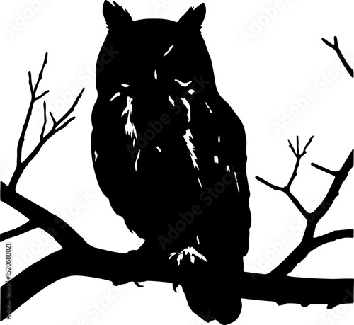  Enigmatic Owl on Bare Branches Silhouette: A Spooky and Atmospheric Depiction, Perfect for Halloween or Mysterious Nature Themes.