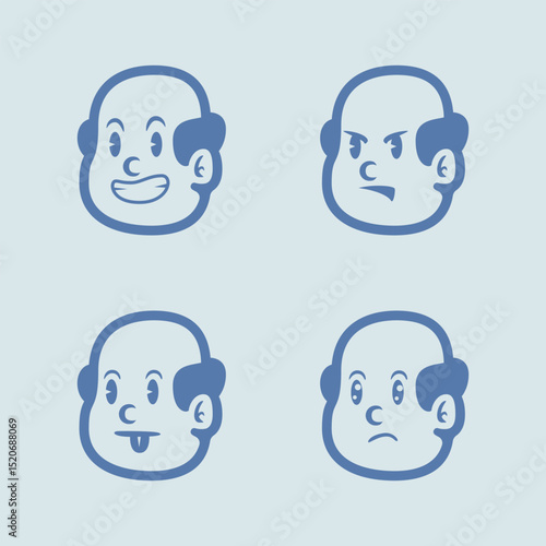Cartoon bald man face set with various expressions: angry, smiling, winking, and surprised. Clean line vector style for emoji, avatar, mascot, or character design