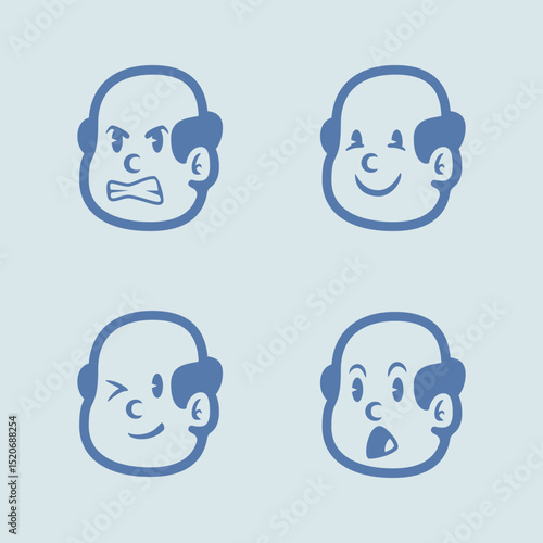 Cartoon bald man face set with various expressions: angry, smiling, winking, and surprised. Clean line vector style for emoji, avatar, mascot, or character design