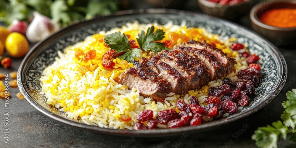 Plate of yellow rice with raisins and a seared steak topped with roasted cherry tomatoes, garnished with herbs. Generative by AI. Plate of yellow rice with raisins and a seared steak topped with roasted cherry tomatoes, garnished with herbs. Generative by AI.