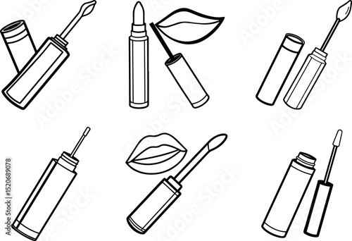 Set of Lip Gloss Black Outline Vector and Illustration, Coloring Book Page