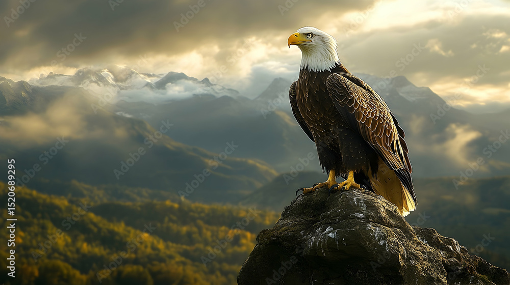 Fototapeta premium Majestic bald eagle perched atop a mountain peak.