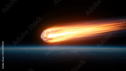 Spacecraft reentering Earths atmosphere with glowing heat shield and fiery plasma trail. Dramatic space exploration, orbital descent, and aerospace technology concepts.
