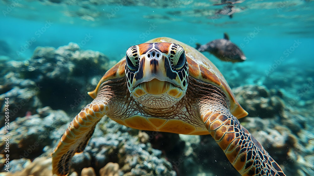 Obraz premium Close-up of a sea turtle swimming in coral reef waters.