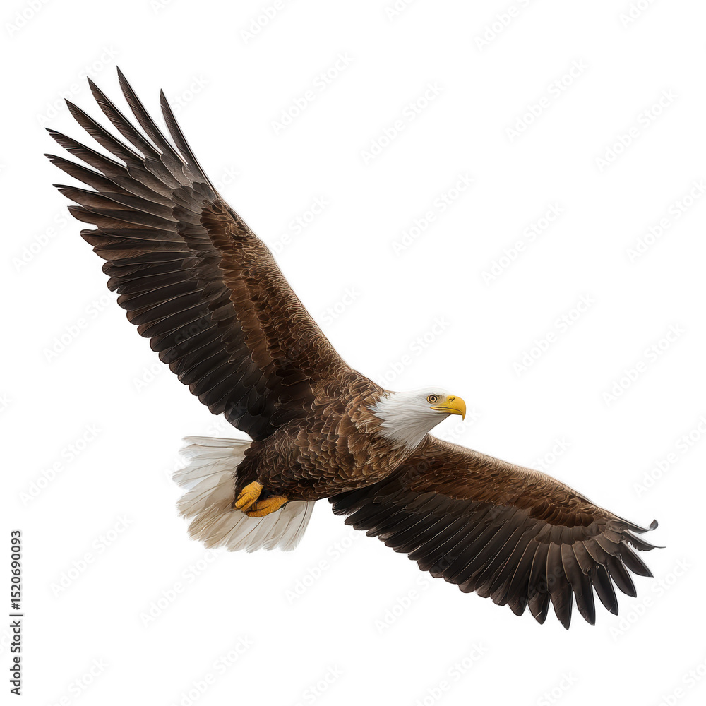 Obraz premium Bald eagle soaring majestically on white background