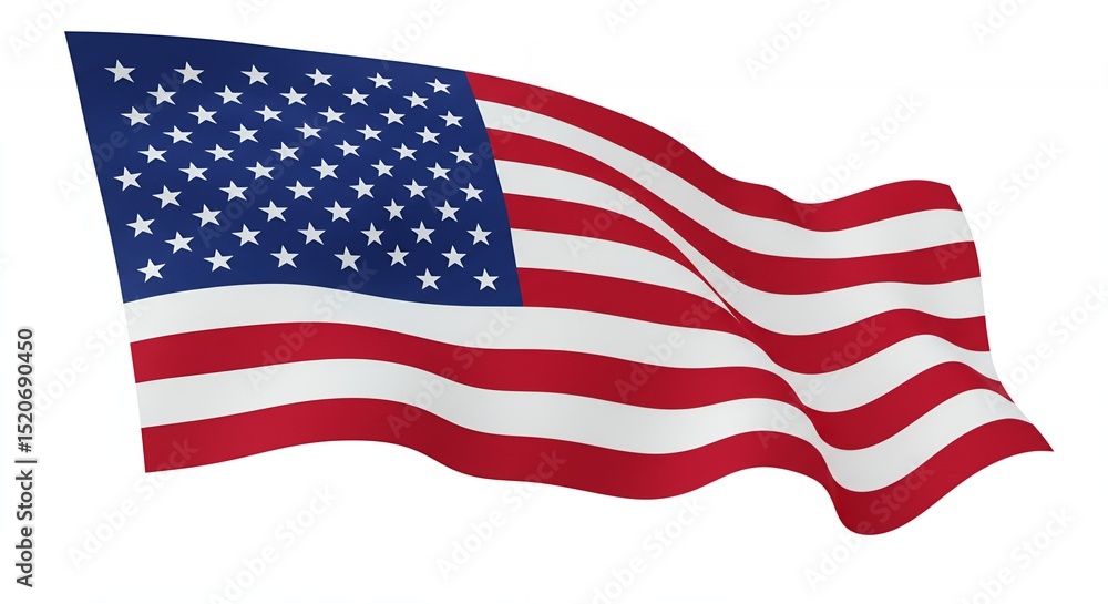 United State Flag Waving with Stars and Stripes on White Background United State Flag Waving with Stars and Stripes on White Background