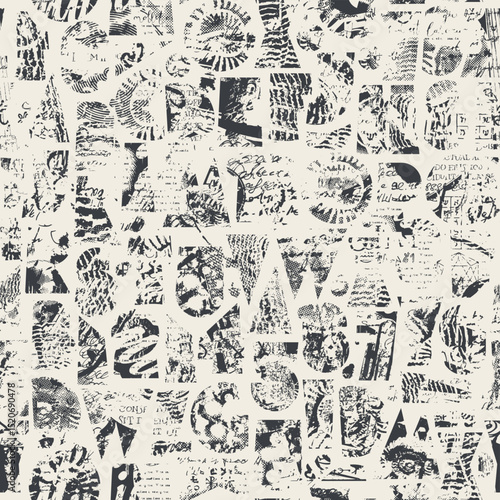 Abstract vector seamless pattern with font consisting of geometric shapes with texture, shells on the theme of paleontology. Fabric, textile, t-shirt design, tile, wallpaper. No AI is used.