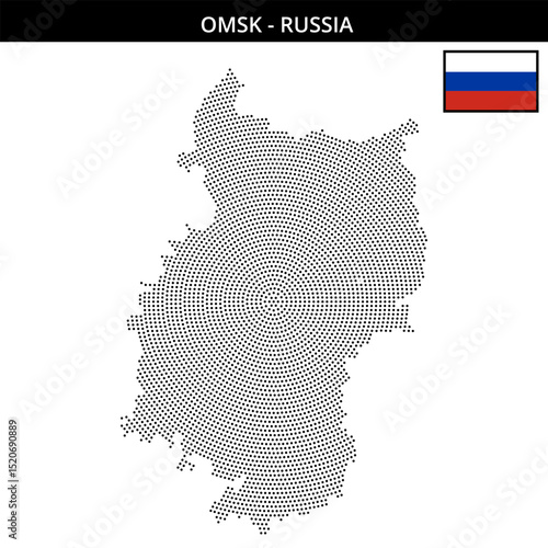 Small circular dotted map of Omsk in Russia