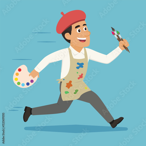 Cartoon artist running joyfully with a paint palette in one hand and brushes in the other. He wears a red beret and a paint stained apron, symbolizing creativity and passion for art.