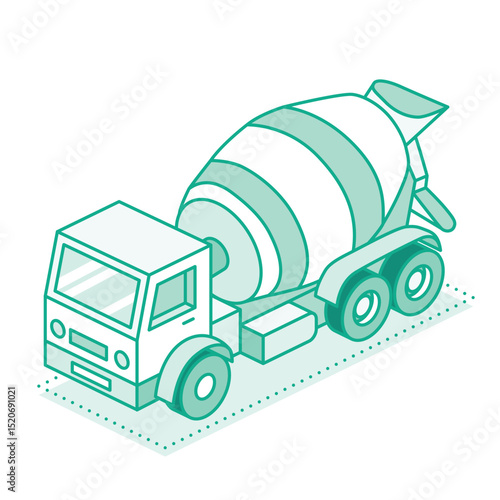 Isometric concrete mixing truck. Outline cement mixer truck. Flat monochromatic green style. Element for construction infographics, architectural diagrams, or logistics designs.