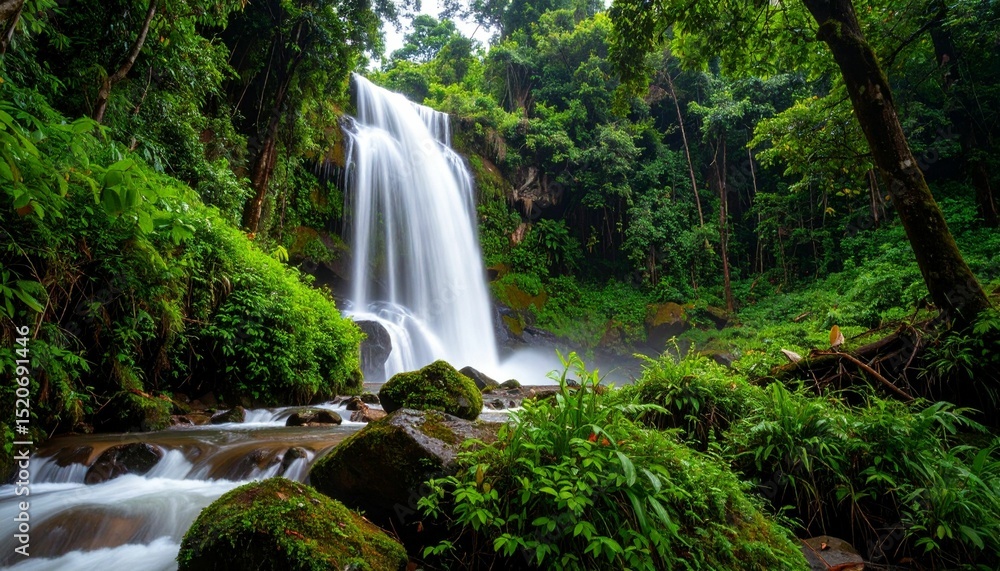 Obraz premium Waterfalls in the north of Thailand are covered with moss and plants. Beautiful waterfall in the rain forest.