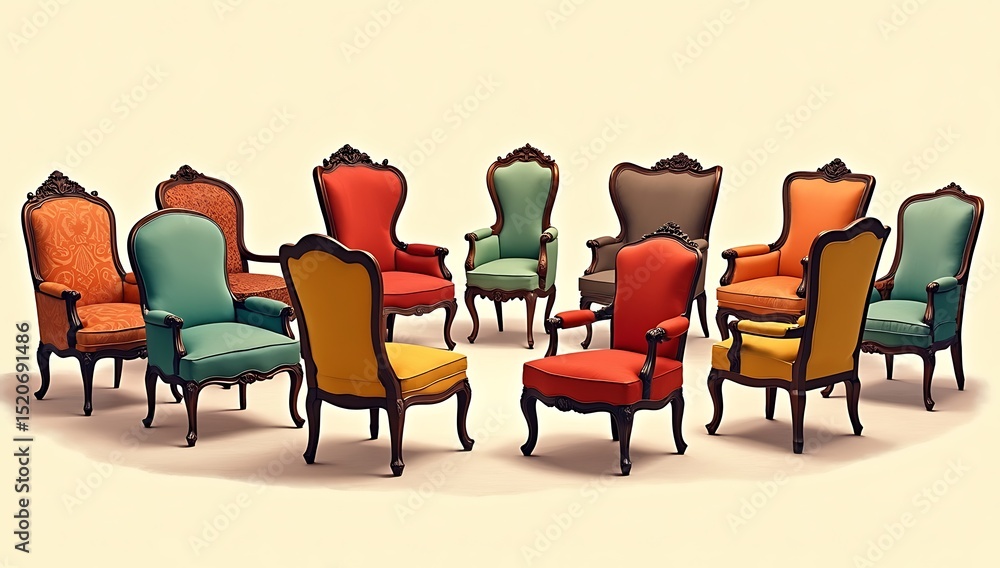Fototapeta premium A collection of mismatched chairs representing different styles, cultures, and eras arranged in a circle. 