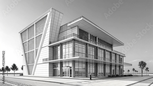 Old urban architecture in black and white, featuring a sketched building exterior with intricate window design