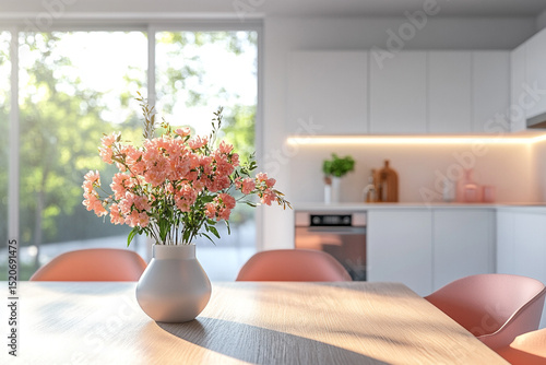 Pink Flowers in White Vase on Wooden Table in Modern Kitchen Interior Design