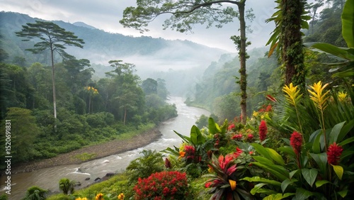 Morning mist gently drifts over a serene mountain lake, surrounded by a vibrant green pine forest under a soft sky, capturing the essence of a peaceful summer landscape