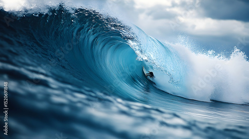 Powerful ocean wave with surfer inside the tube.