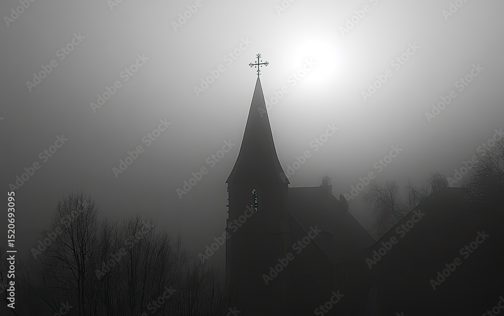 Fototapeta premium Photo of a silhouette church steeple with two crosses on top, a sunrise in the background, and a misty sky. 