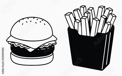 Classic fast food icon, cheeseburger and fries illustration in black and white