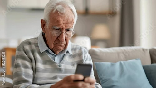 Wallpaper Mural An elderly man focused on his smartphone while relaxing in a cozy living room, blending technology with daily life. Torontodigital.ca