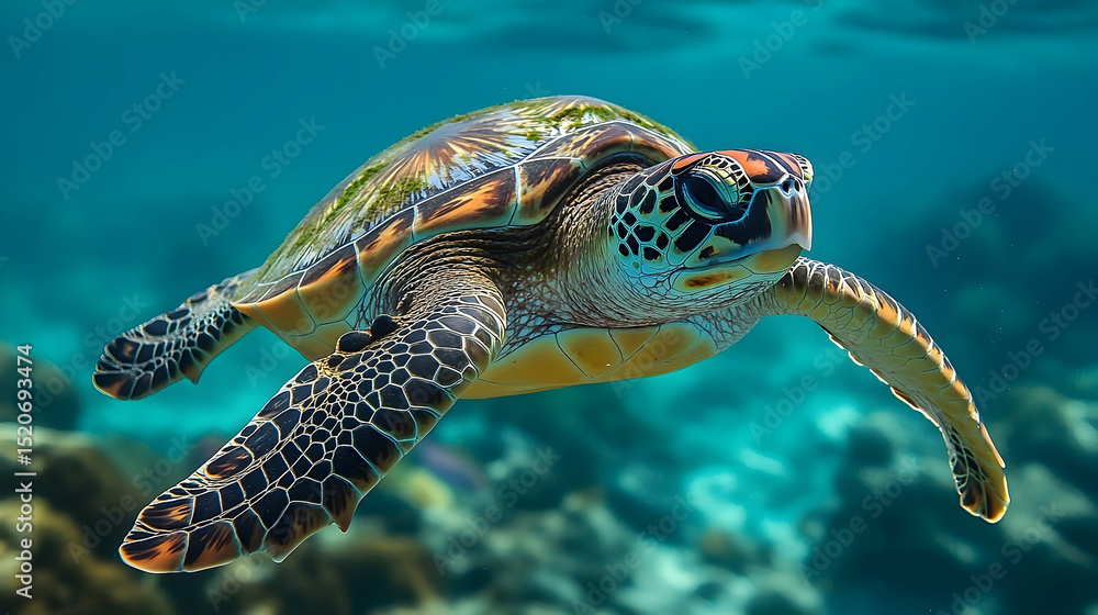 Fototapeta premium Colorful sea turtle swimming underwater.
