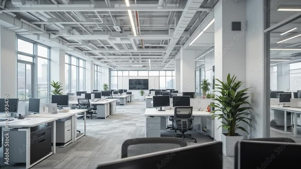 Modern White And Gray Open Space Office. 4k video Modern White And Gray Open Space Office. 4k video
