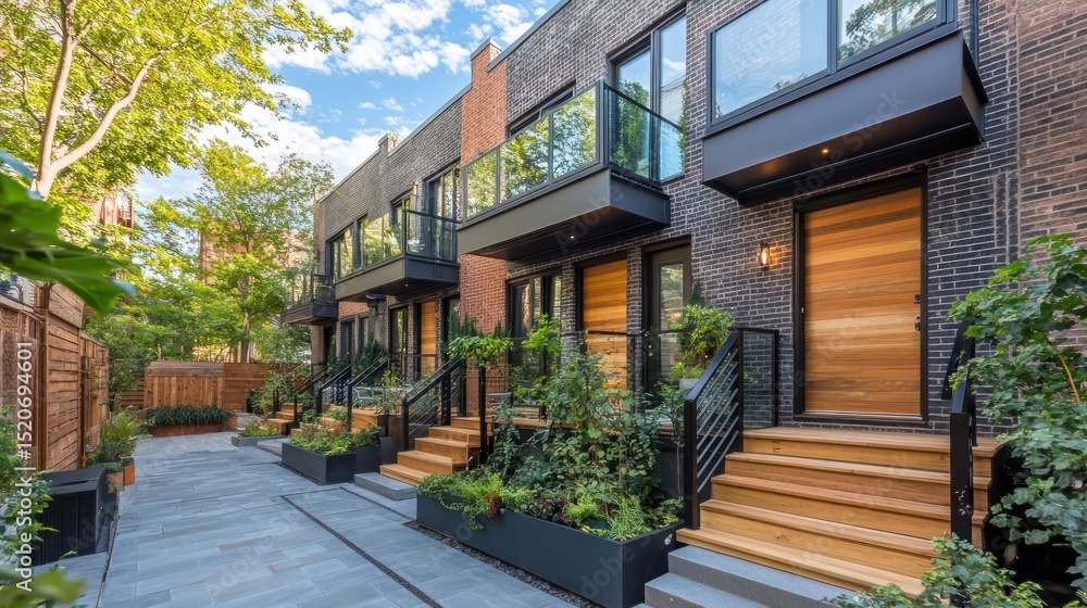 Obraz premium Modern Townhouses with Private Patios and Lush Greenery