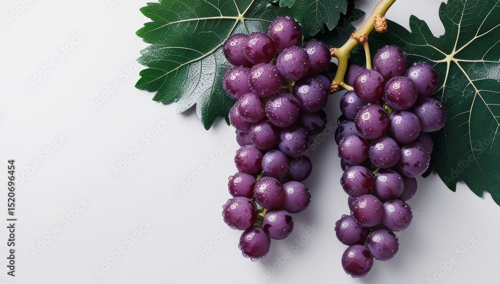 Fototapeta premium Captivating still life of fresh purple grapes with vibrant green leaves on white