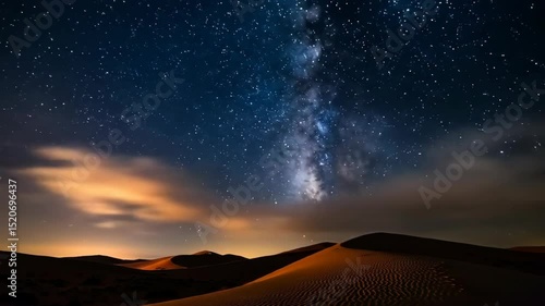A clear night sky filled with stars and the Milky Way over sand dunes. The landscape is illuminated by soft light from the horizon.