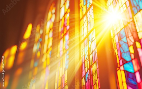 Stained glass window in a church with sunlight shining through, creating beautiful light rays. Abstract background with copy space for text and a message about Jesus Christ, sun shadow, and God's rays