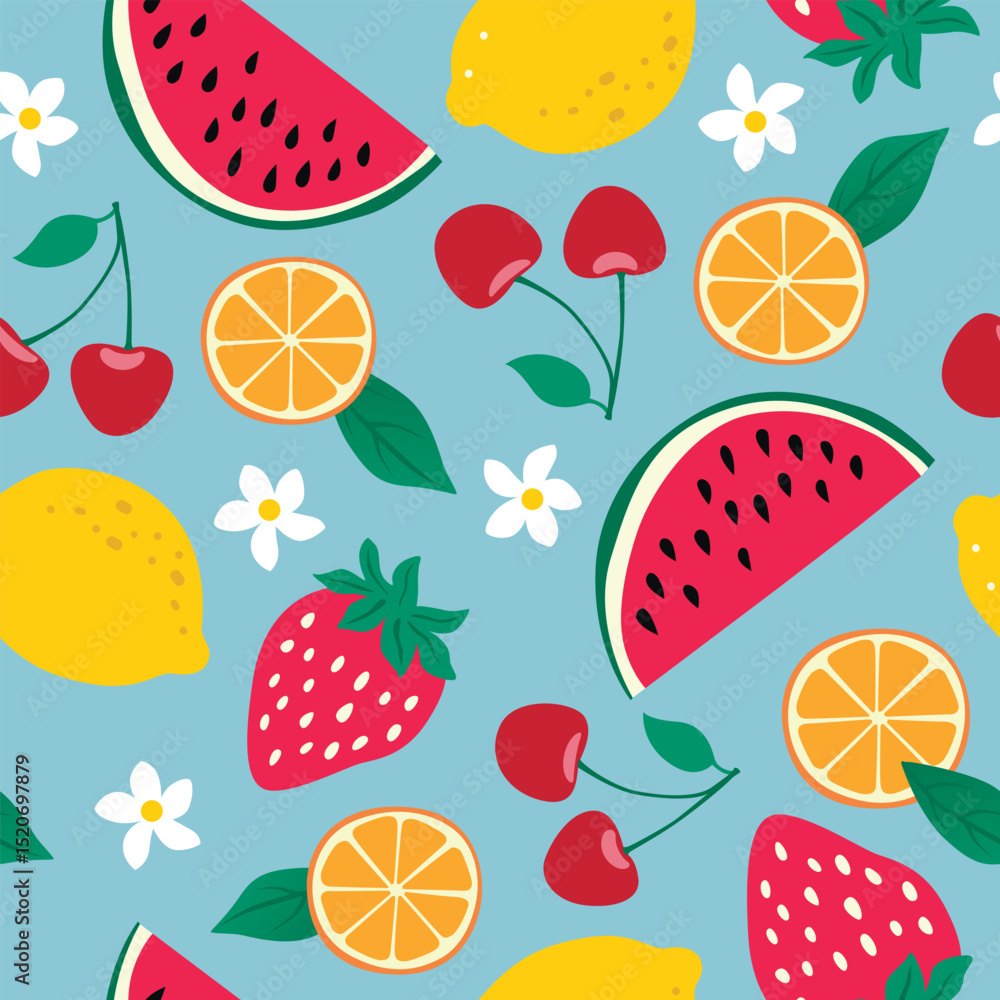 Summer seamless pattern with fruits, berries, lemon and orange. Flat Decorative summer illustration Summer seamless pattern with fruits, berries, lemon and orange. Flat Decorative summer illustration