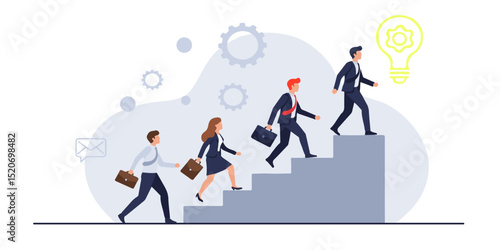 people in business outfits walking up the steps following a leader