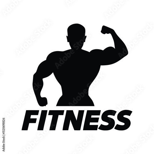 A powerful black silhouette of a bodybuilder flexing his biceps, overlaid on the word "FITNESS" in bold, sans-serif type.