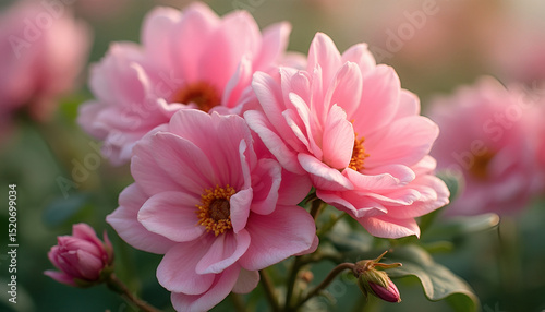 A close up of a pink flower with a green stem