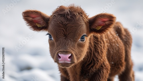 Charming Highland Calf Portrait on Snowy Background Capturing Innocence