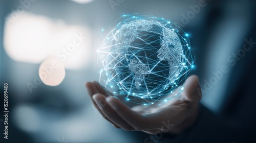 A human hand cradling a futuristic digital wire-frame globe with interconnected glowing points, symbolizing global connectivity and advanced technology. The high-tech cybernetic design is highlighted 