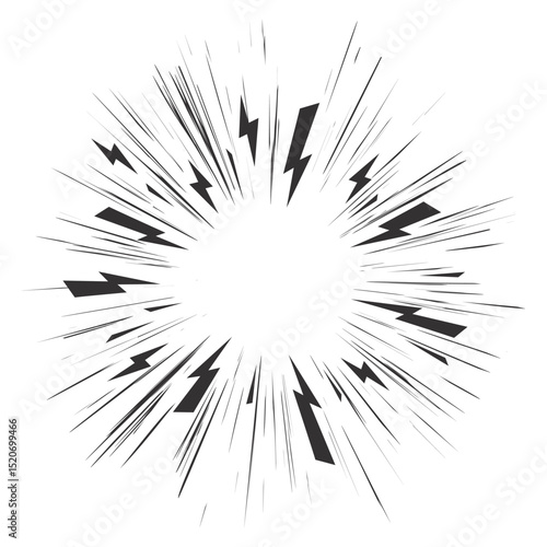 Comic speed lines. Manga radial burst effect on white background. Vector action rays with flash. Explosion power with stripes of glow and roar. Cartoon energy illustration