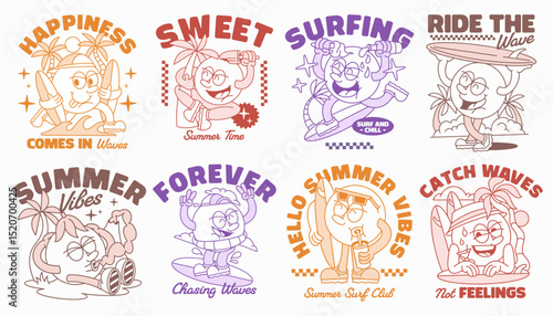 Retro surf t-shirt design bundle, Summer beach t-shirt  graphic set, Groove cartoon character t-shirt design for print