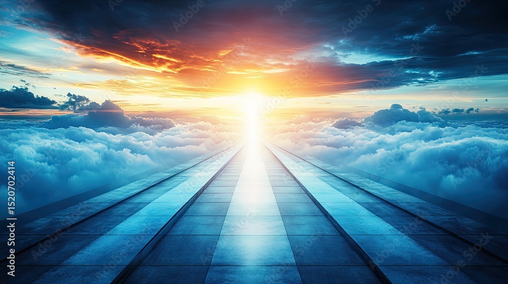 Fototapeta premium A paved path through the clouds at sunrise.